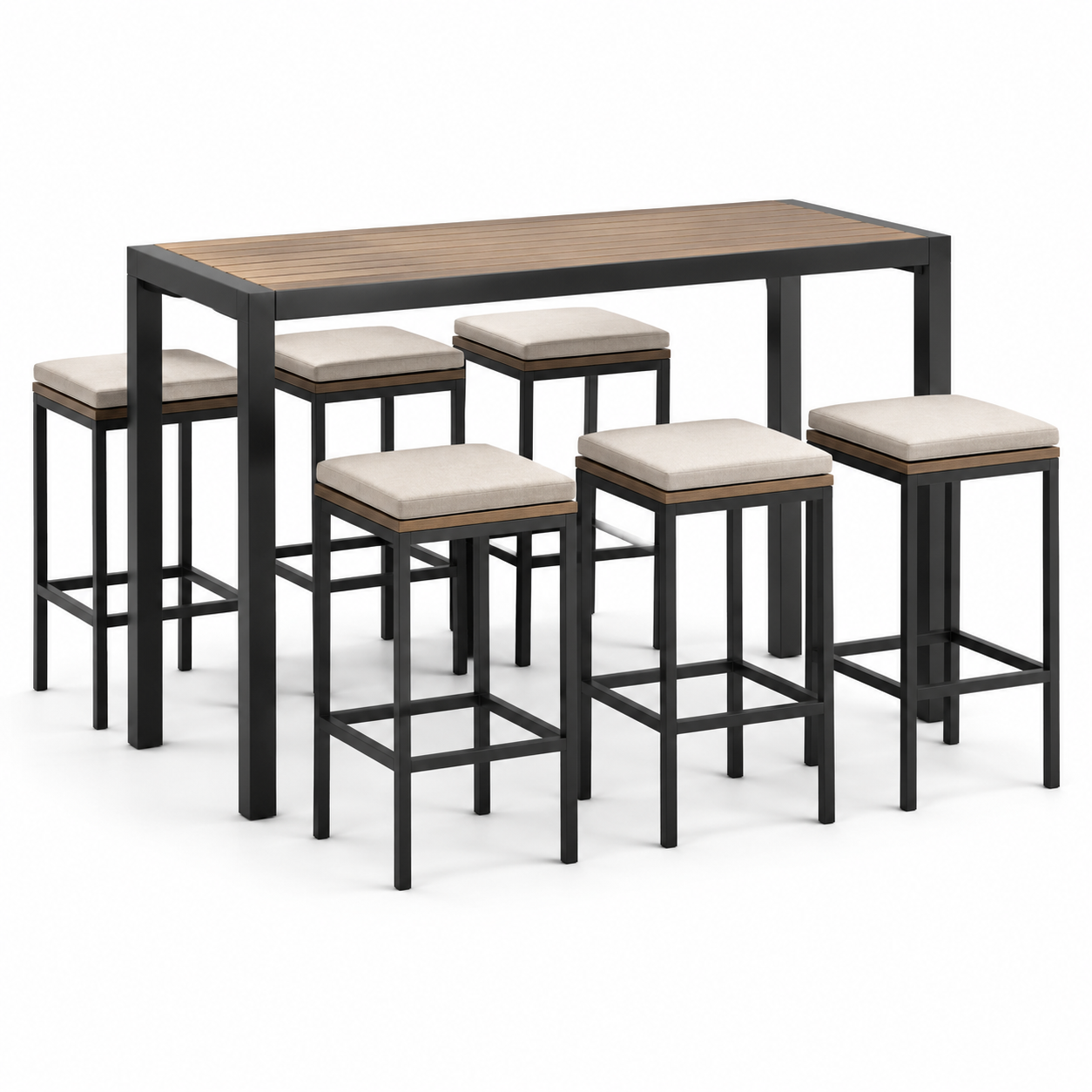 7-teiliges Bartisch-Set mit 6 gepolsterten Barhockern, Tisch 180 × 70 × 105 cm, Hocker 40 × 40 × 75 cm, Schwarz/Braun/Beige