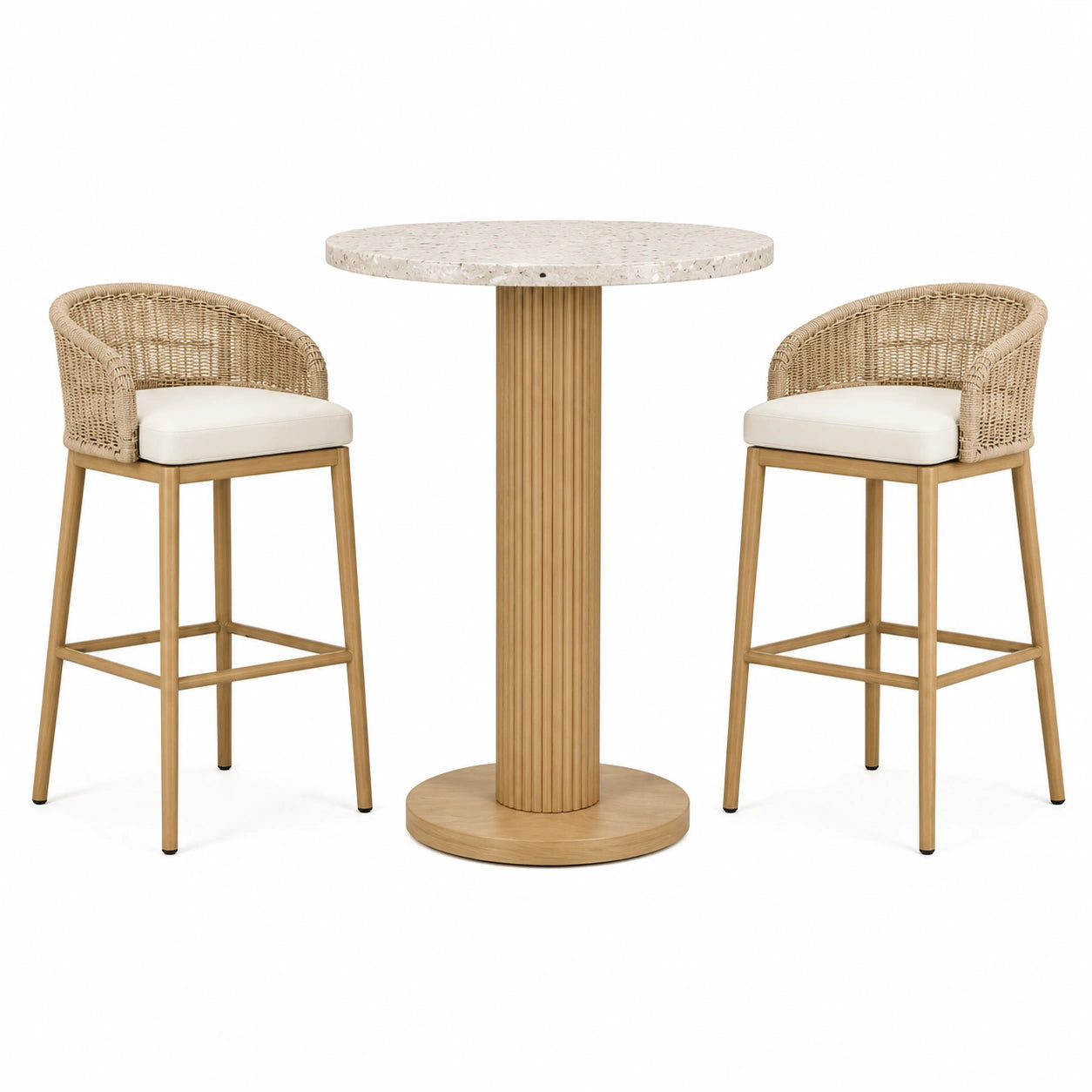 3-teiliges Bar-Set mit rundem Bartisch Ø 90 × H 105 cm und 2 Barstühlen B 55 × T 58 × H 98 cm, Beige, Natur und Creme