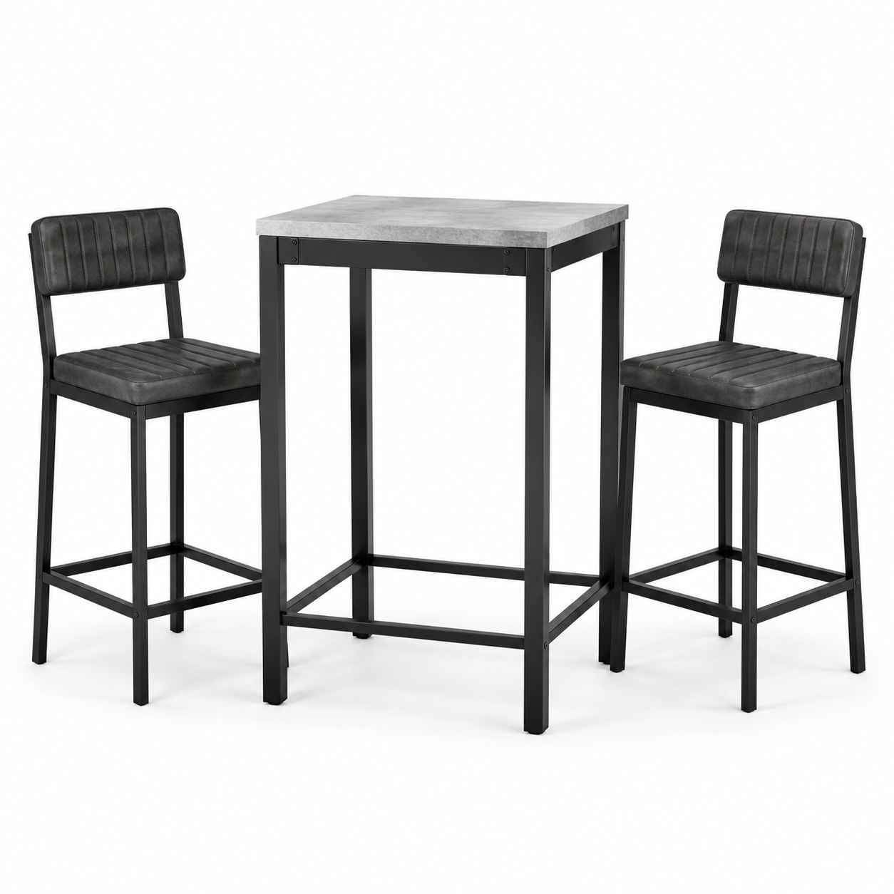 3-teiliges Bartisch-Set in Grau und Schwarz, Tisch 60 × 60 × 90 cm, 2 gepolsterte Barstühle 40 × 45 × 95 cm
