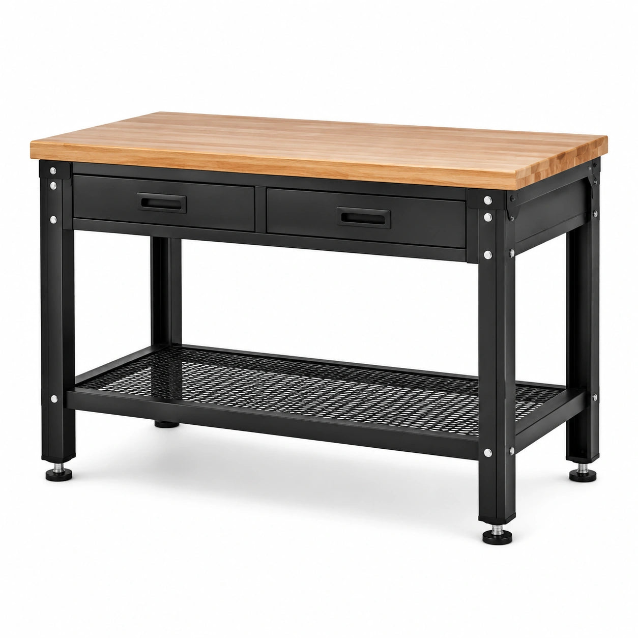 Werkbank mit 2 Schubladen und Gitterablage, 120 × 60 × 90 cm, Holz und Stahl, Schwarz/Natur