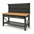 Werkbank aus Stahl und Holz, 120 × 60 × 150 cm, Schwarz/Natur, mit 2 Schubladen, Lochwand und 2 Ablagen