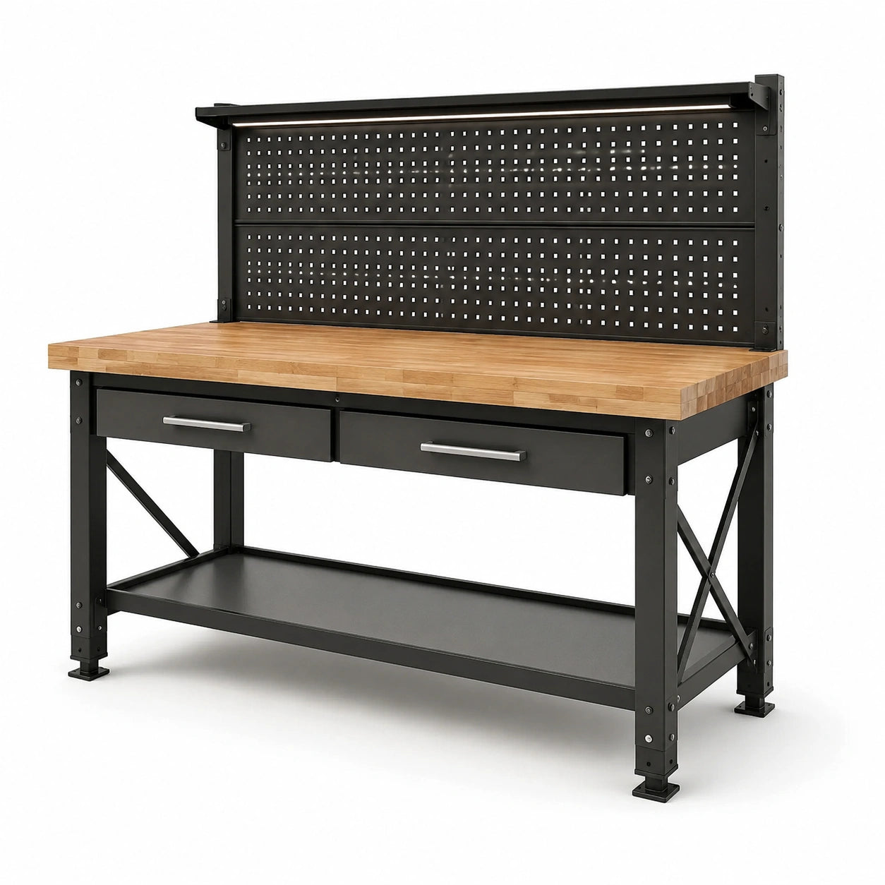 Werkbank aus Stahl und Holz, 120 × 60 × 150 cm, Schwarz/Natur, mit 2 Schubladen, Lochwand und 2 Ablagen