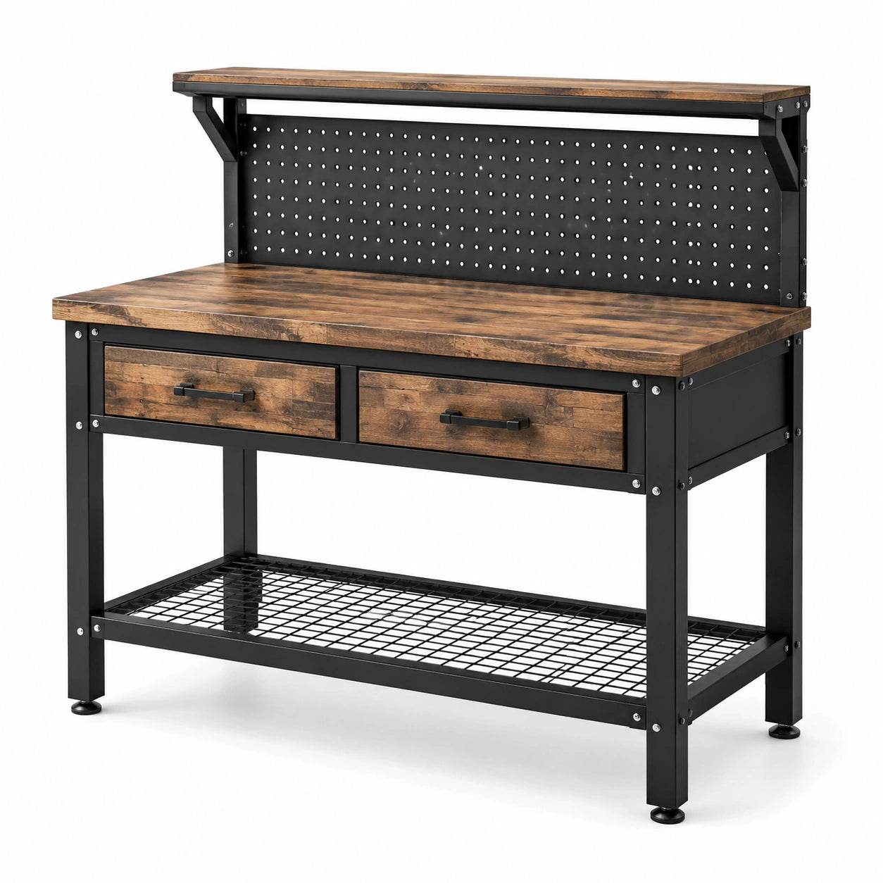 Werkbank aus Holzwerkstoff und Stahl mit Lochwand, 2 Schubladen und 2 Ablagen, Braun/Schwarz, 120 × 60 × 155 cm