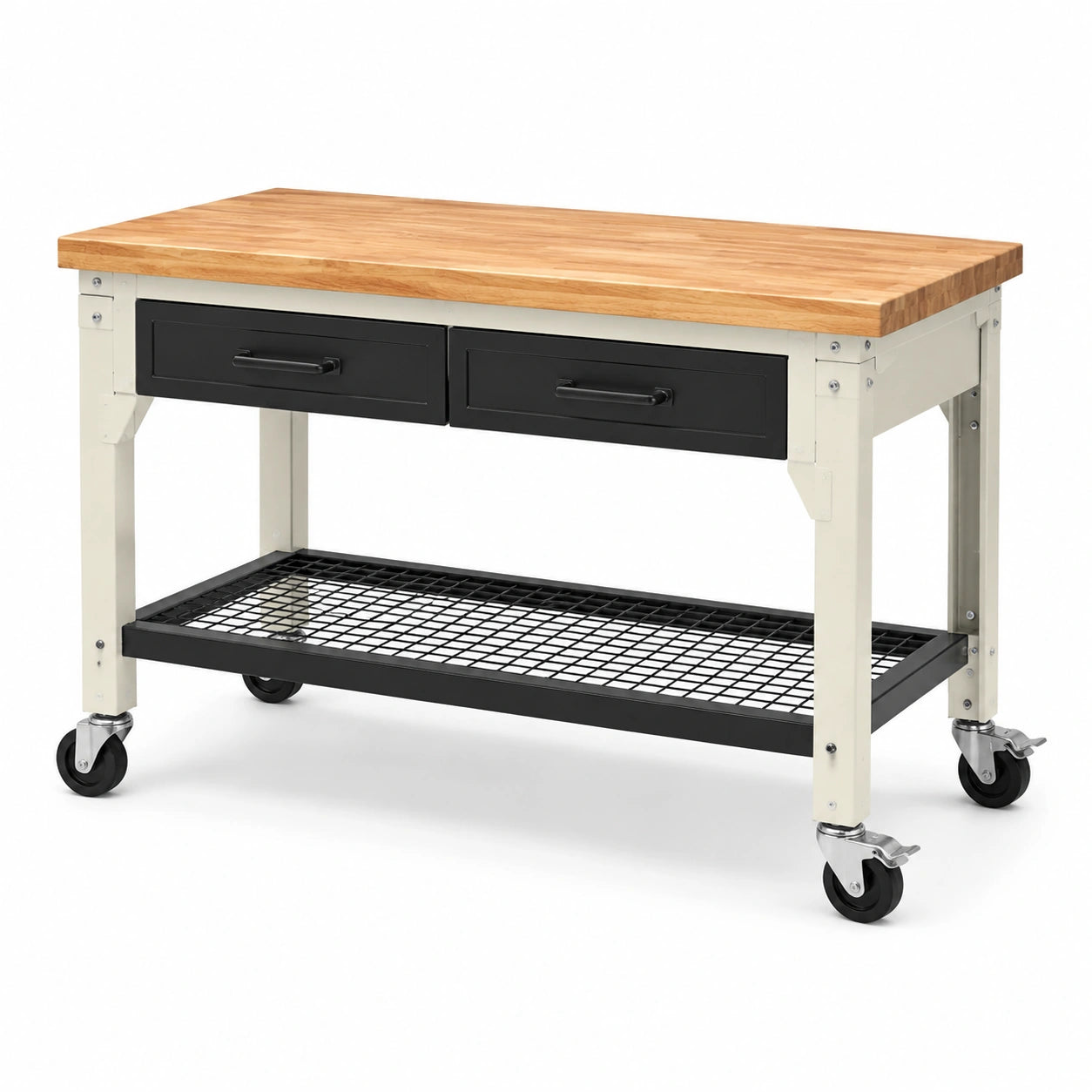 Mobile Werkbank aus Holz und Stahl mit 2 Schubladen, Gitterablage und feststellbaren Rollen, 120 × 60 × 90 cm, Natur, Schwarz und Cremeweiß