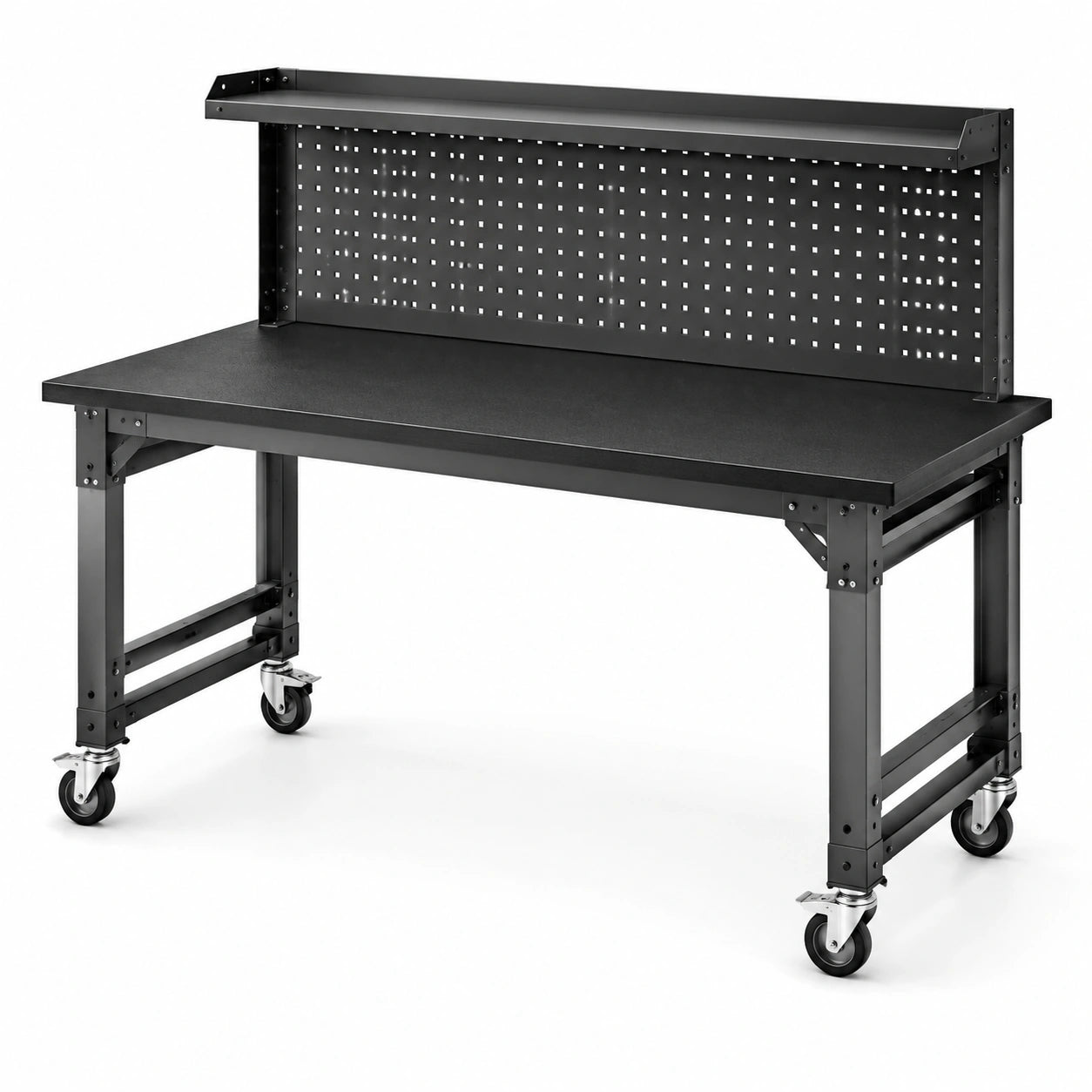Mobile Stahlwerkbank mit Lochwand, oberer Ablage und Rollen, 152 × 61 × 151 cm, Schwarz