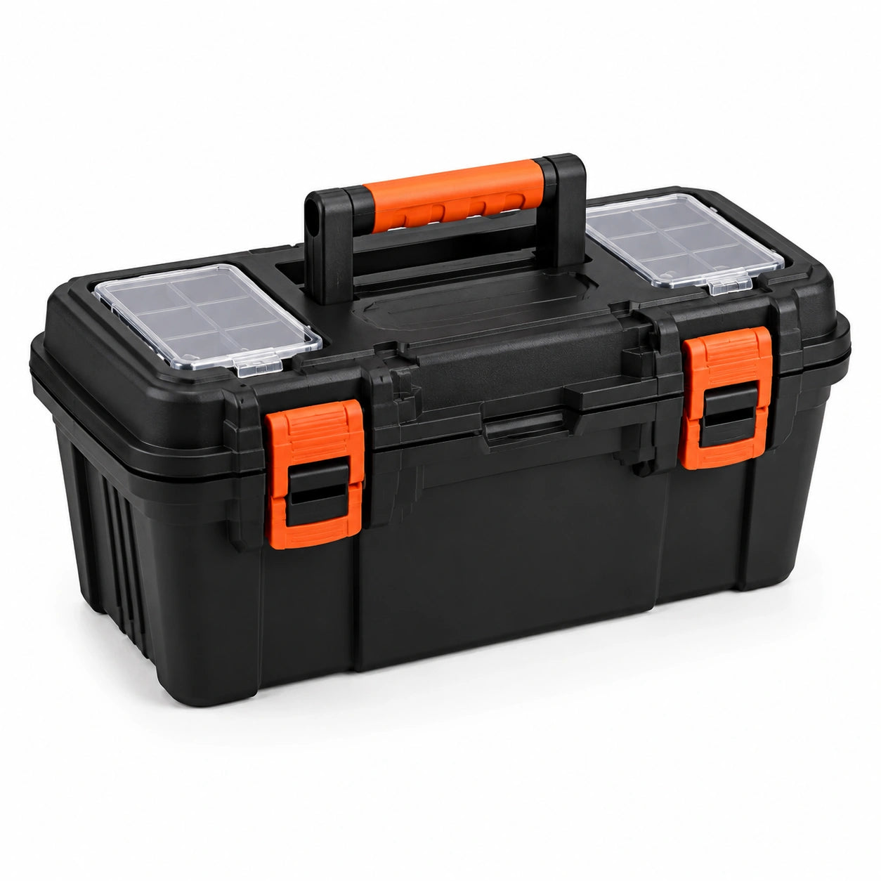 Werkzeugkoffer aus Kunststoff mit Kleinteilefächern und Tragegriff, 46 × 26 × 24 cm, Schwarz-Orange