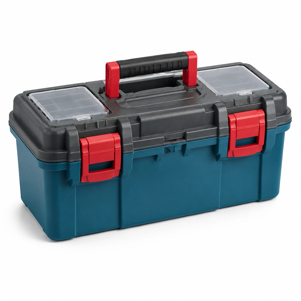 Werkzeugkasten aus Kunststoff mit Kleinteilefächern und Tragegriff, 50 × 26 × 25 cm, Blau/Schwarz/Rot