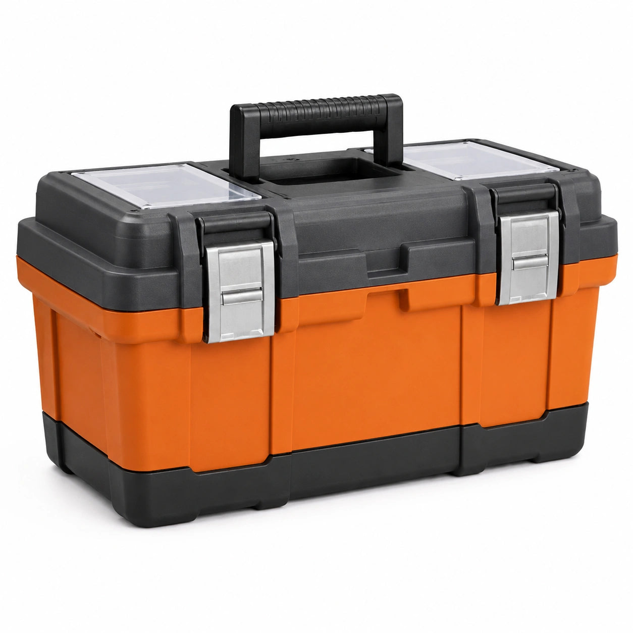 Werkzeugkoffer mit Metallverschlüssen, Tragegriff und Kleinteilefächern, 48 × 25 × 25 cm, Orange/Schwarz/Silber
