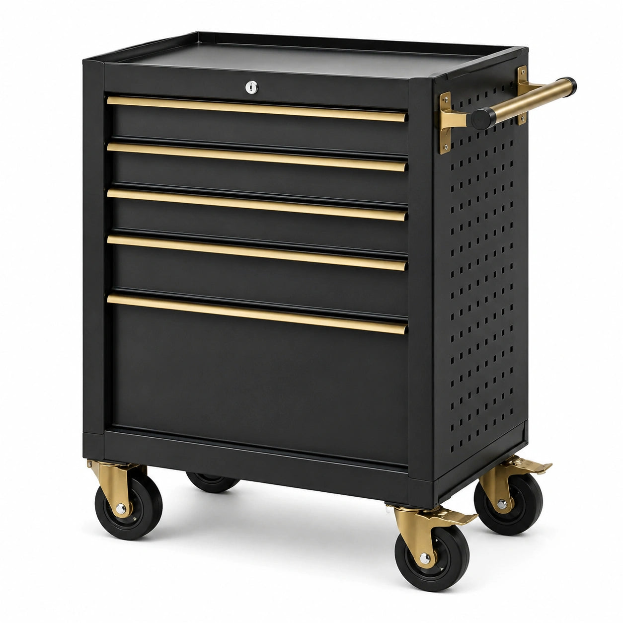 Abschließbarer Stahlwagen mit 5 Schubladen und 4 Lenkrollen, Schwarz/Gold, 70 × 33 × 82 cm