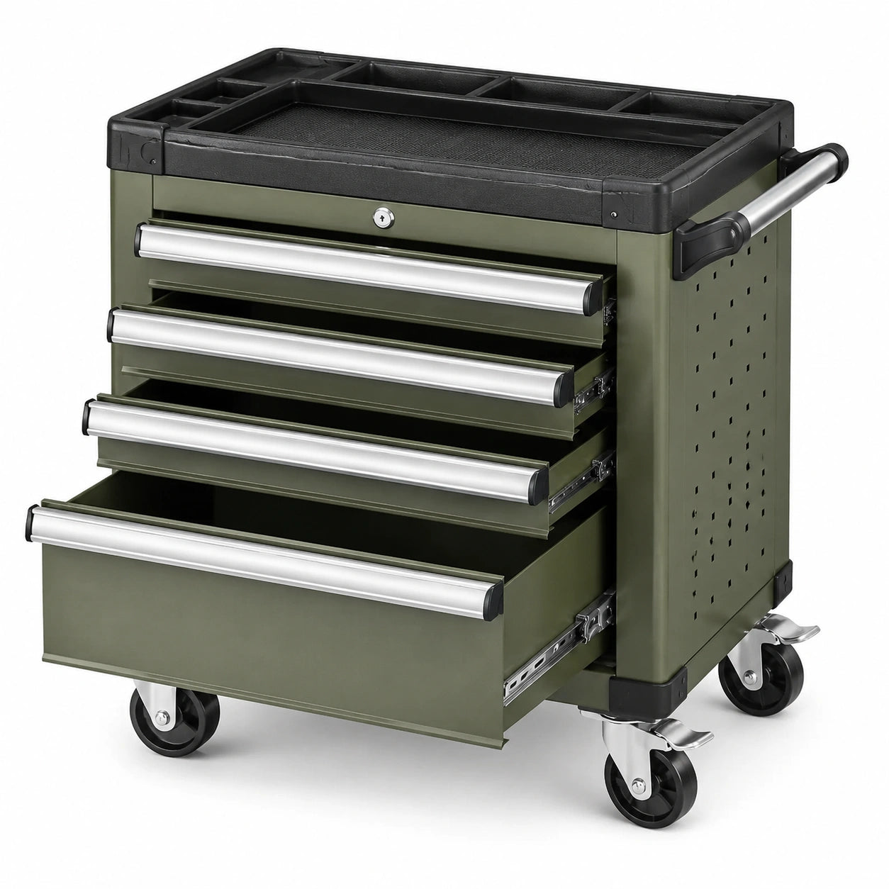 Mobiler Werkzeugwagen aus Stahl mit 4 Schubladen, Rollen und Ablagefläche, 77 × 47 × 89 cm, Olivgrün/Schwarz/Silber