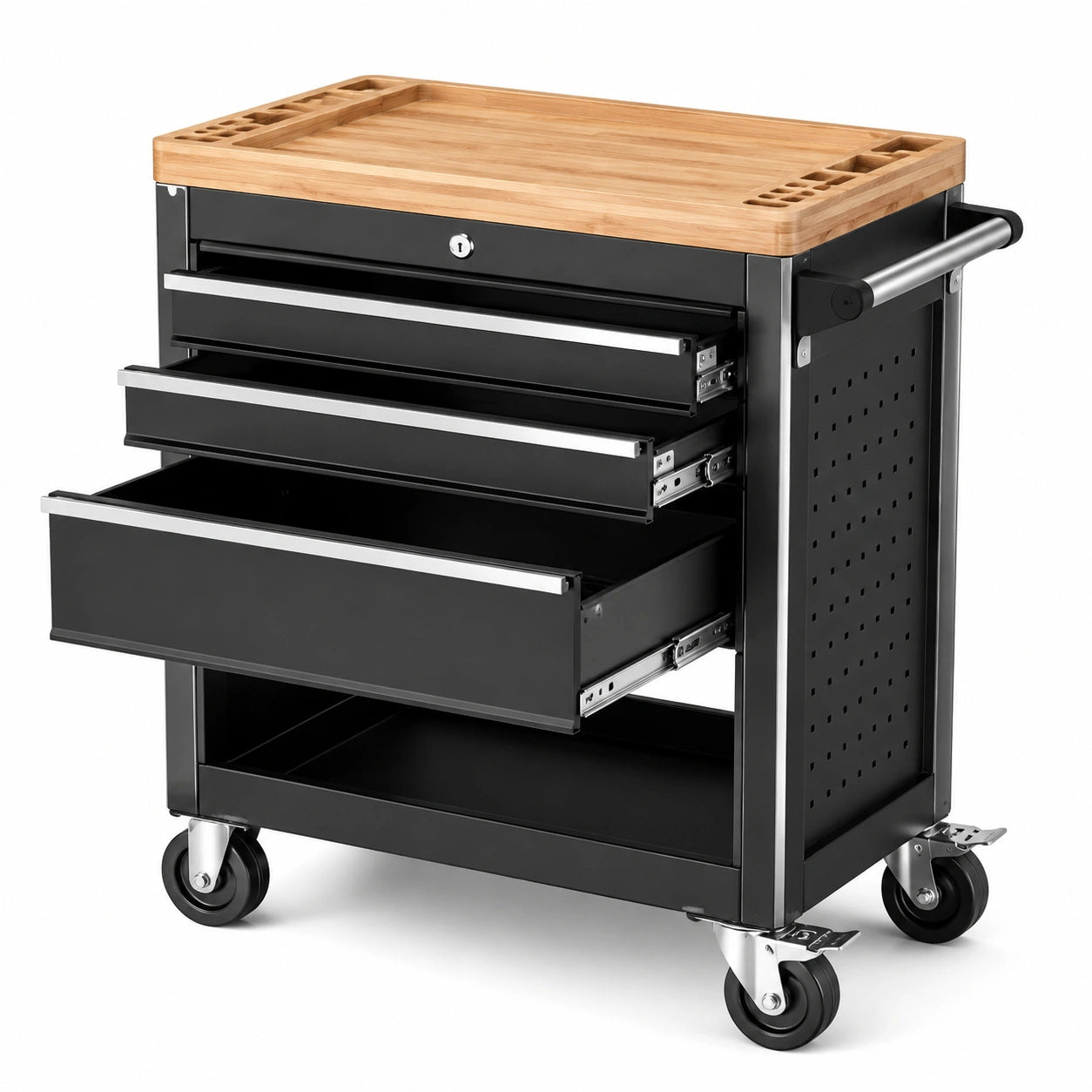 Werkzeugwagen aus Stahl mit Bambus-Arbeitsplatte, 3 abschließbaren Schubladen und 4 Lenkrollen, 76 × 46 × 86 cm, Schwarz/Natur/Silber