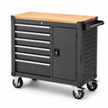 Werkzeugwagen aus Stahl mit Holzarbeitsplatte, 6 Schubladen, Schrankfach und 4 Rollen, 112 × 52 × 95 cm, Schwarz/Natur/Silber