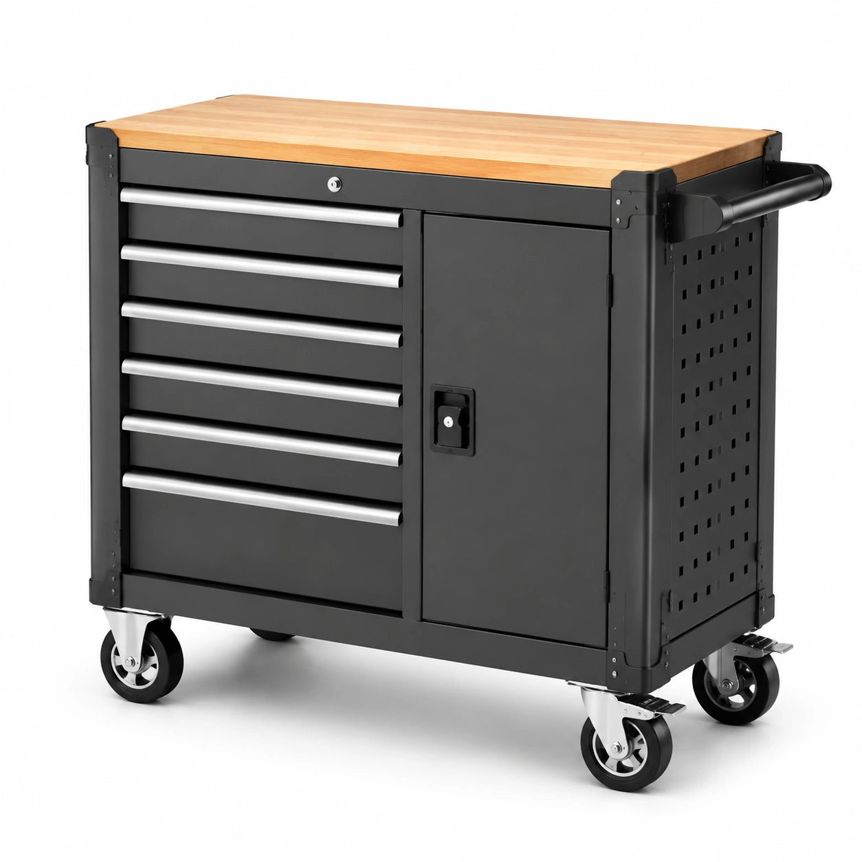 Werkzeugwagen aus Stahl mit Holzarbeitsplatte, 6 Schubladen, Schrankfach und 4 Rollen, 112 × 52 × 95 cm, Schwarz/Natur/Silber