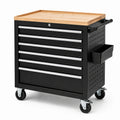Mobiler abschließbarer Werkzeugwagen aus Stahl mit Holzarbeitsplatte, 6 Schubladen, 77 × 48 × 89 cm, Schwarz/Naturholz/Silber