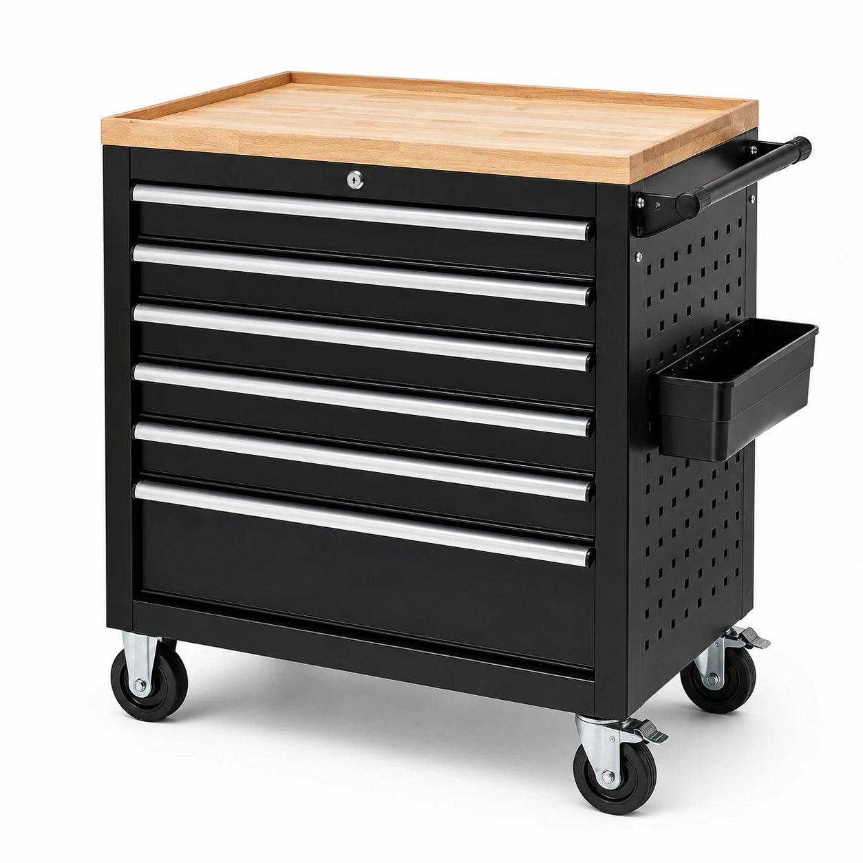 Mobiler abschließbarer Werkzeugwagen aus Stahl mit Holzarbeitsplatte, 6 Schubladen, 77 × 48 × 89 cm, Schwarz/Naturholz/Silber