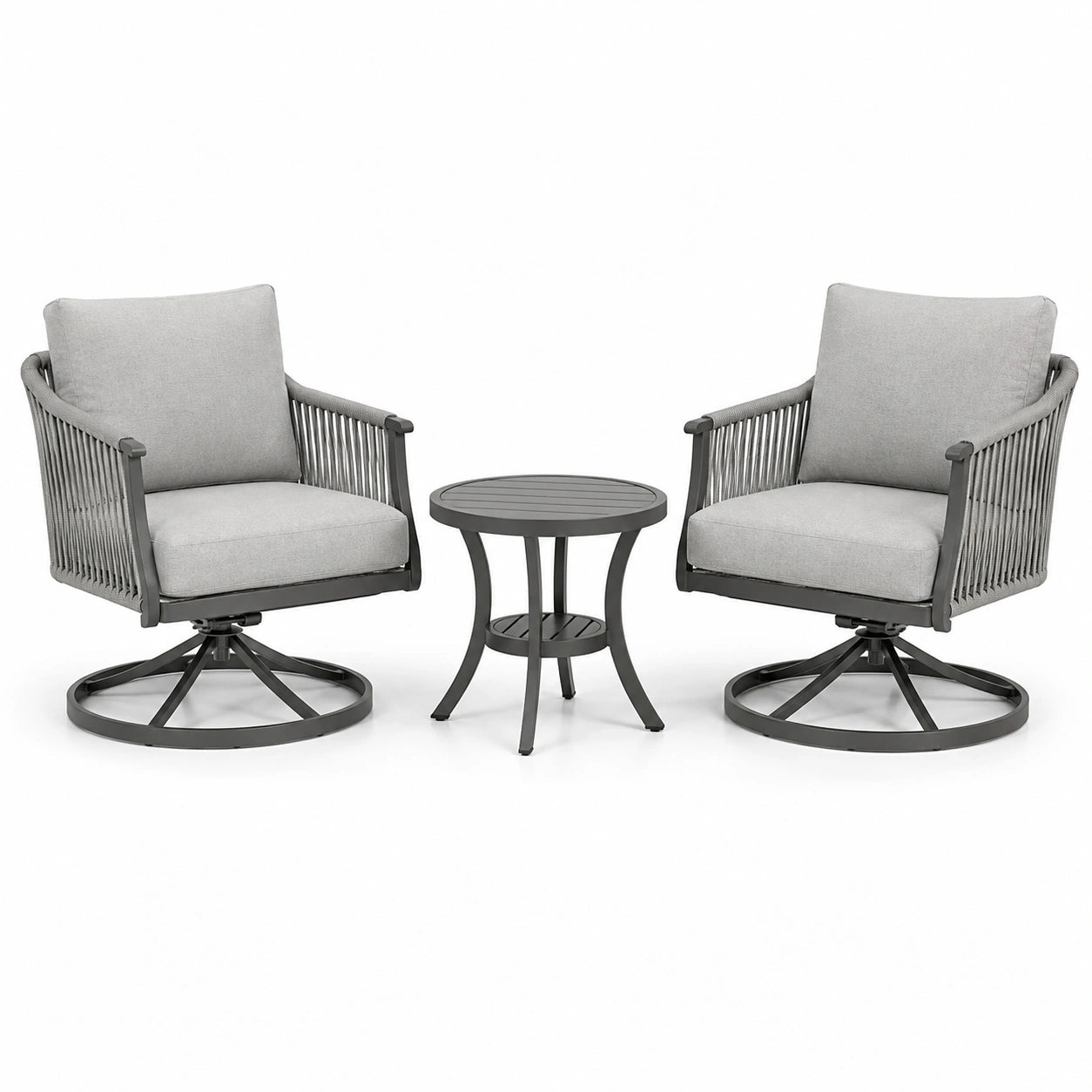 3-teiliges Gartenmöbel-Set mit 2 Drehsesseln 76 × 78 × 91 cm und Beistelltisch Ø 50 × 52 cm, Grau/Anthrazit