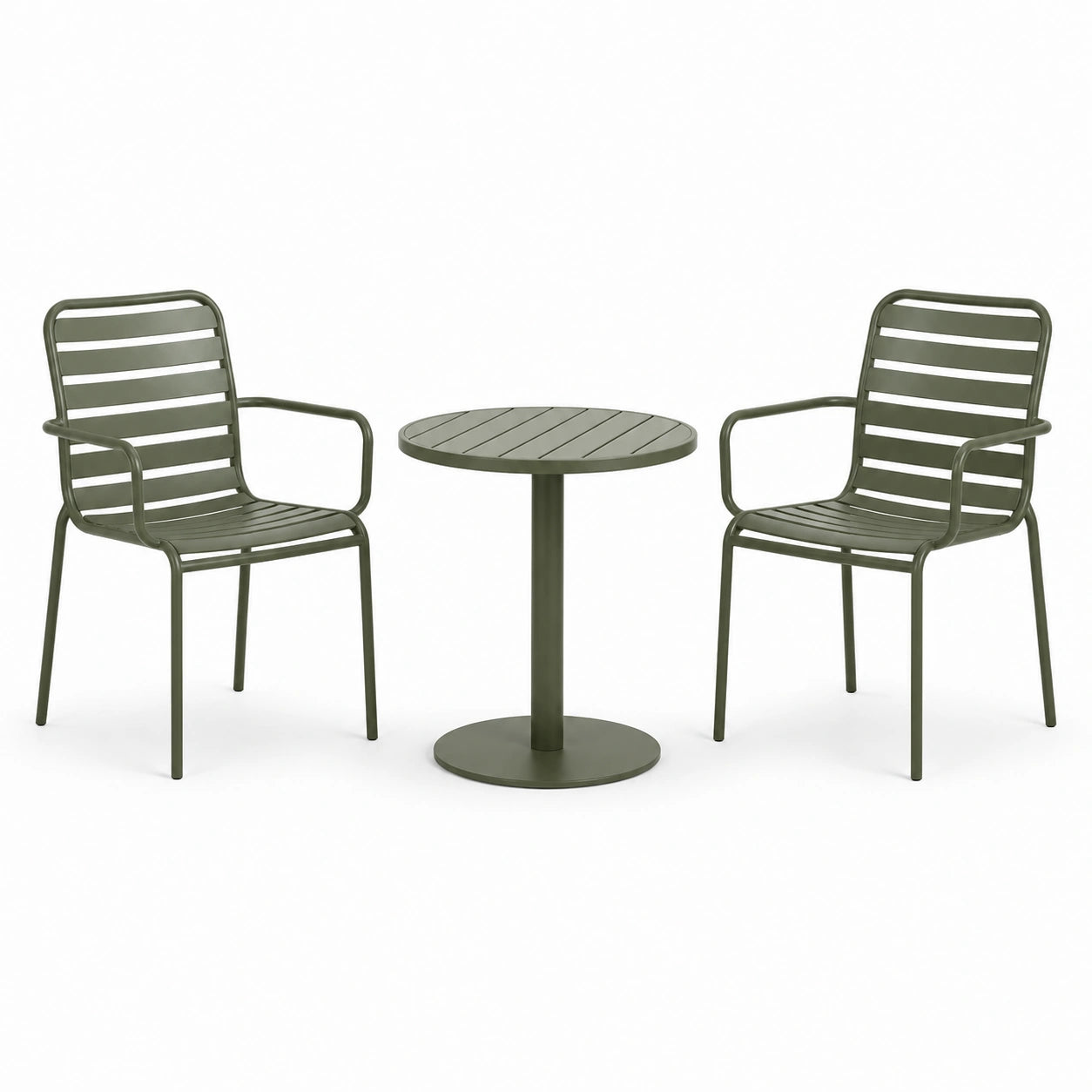 3-teiliges Metall-Set in Olivgrün mit rundem Tisch Ø 60 × 72 cm und 2 Armlehnstühlen 55 × 58 × 85 cm
