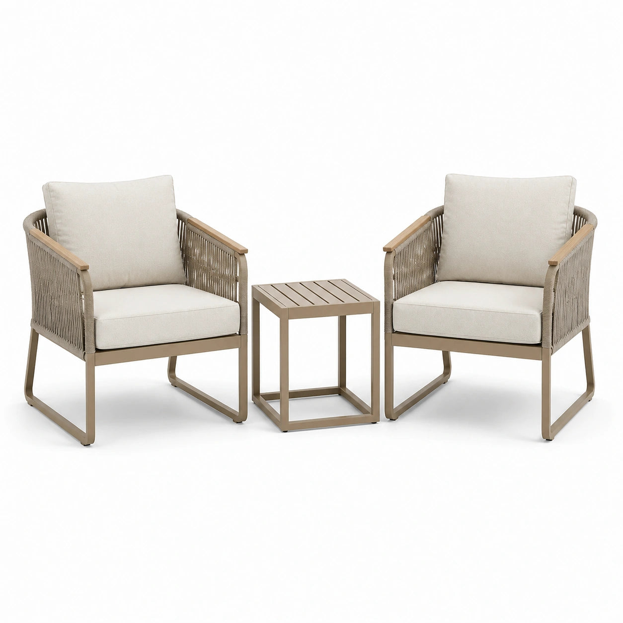 3-teiliges Gartenmöbel-Set mit 2 Sesseln 69 × 75 × 83 cm und Beistelltisch 46 × 46 × 47 cm, Taupe, Beige und Hellbraun