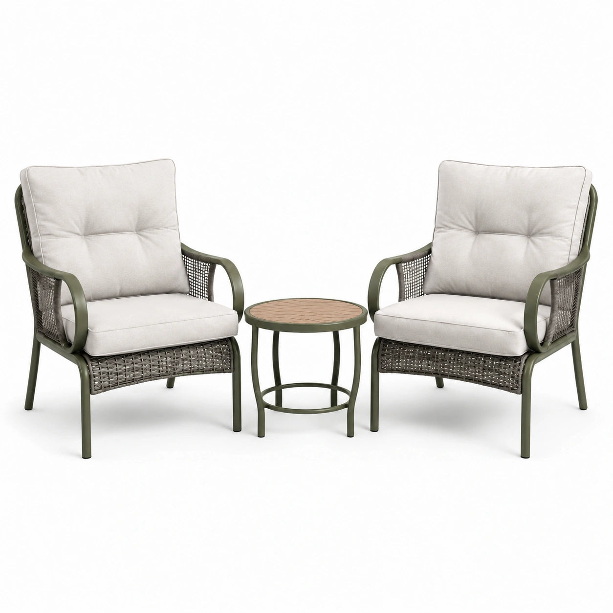 3-teiliges Gartenmöbel-Set mit 2 Sesseln 70 × 76 × 90 cm und Beistelltisch Ø 50 × 50 cm, Olivgrün/Beige/Braun