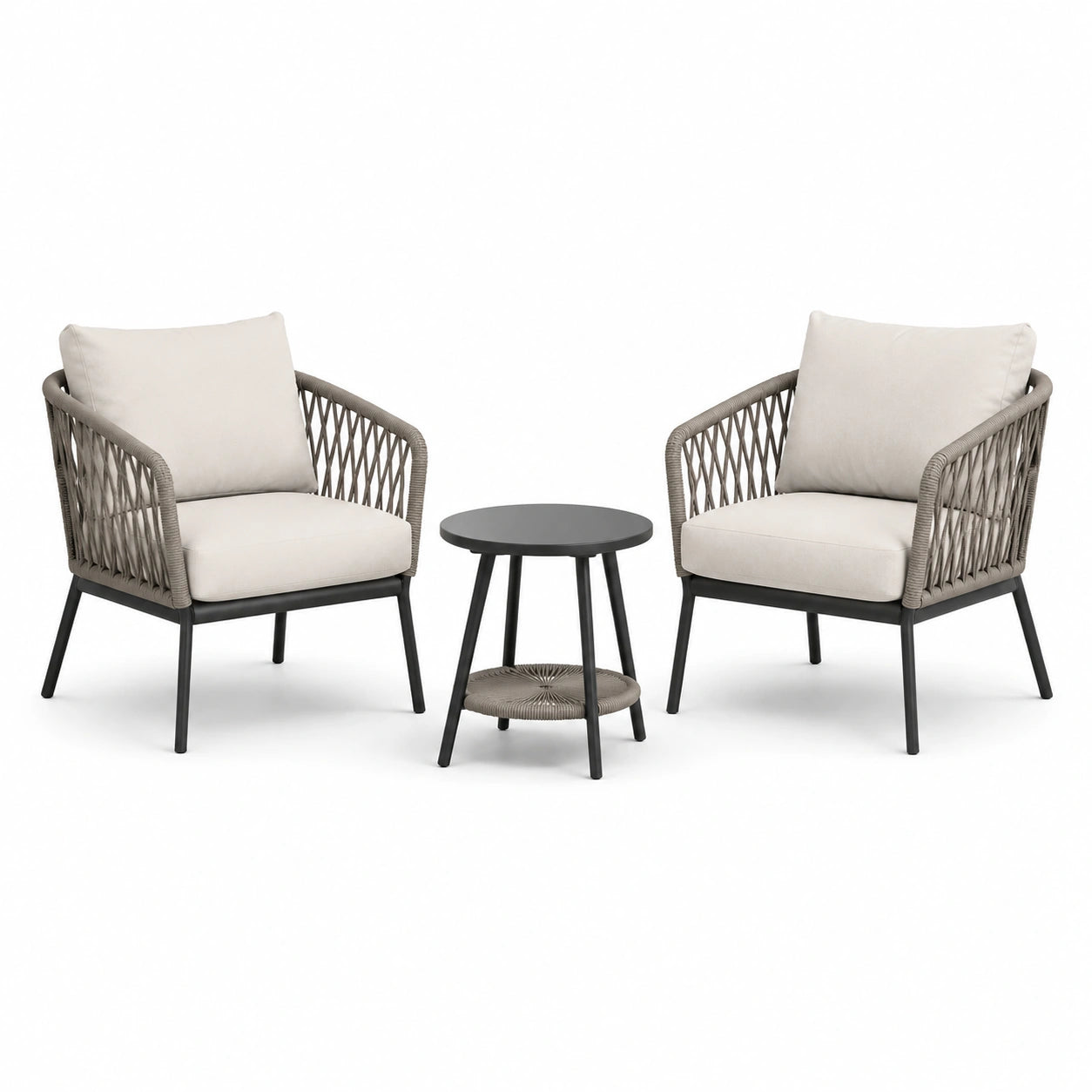 3-teilige Gartensitzgruppe mit 2 Sesseln 72 × 75 × 80 cm und Beistelltisch Ø 50 × 55 cm, Beige, Taupe und Schwarz