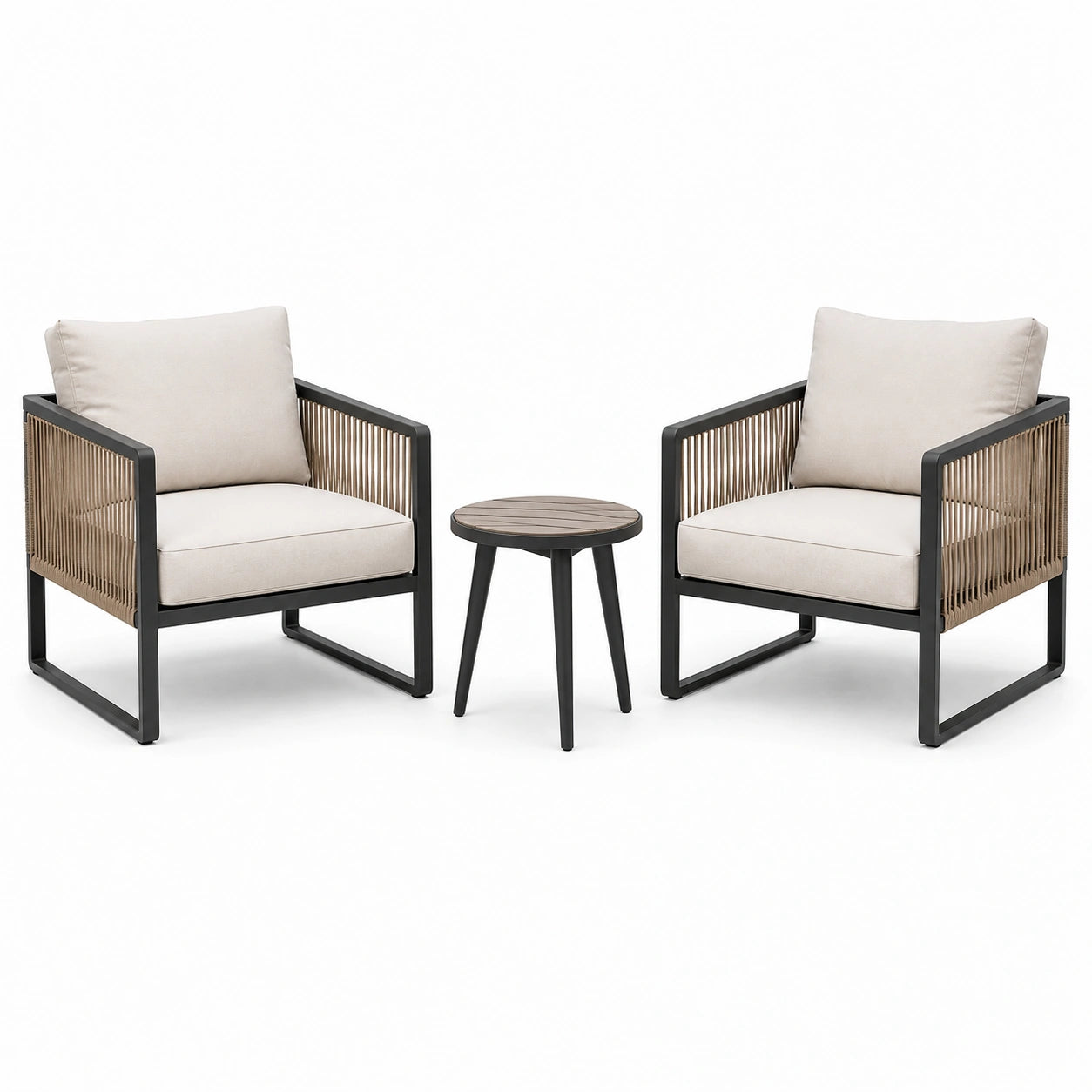 3-teiliges Gartenmöbel-Set mit 2 Sesseln 70 × 72 × 78 cm und Beistelltisch Ø 45 × 48 cm, Schwarz, Taupe und Beige