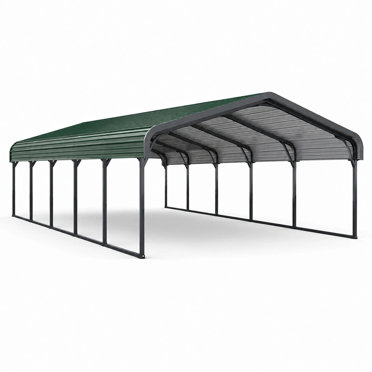 Freistehender Doppelcarport aus Stahl und Polycarbonat, 600 × 600 × 300 cm, Grau/Grün/Schwarz