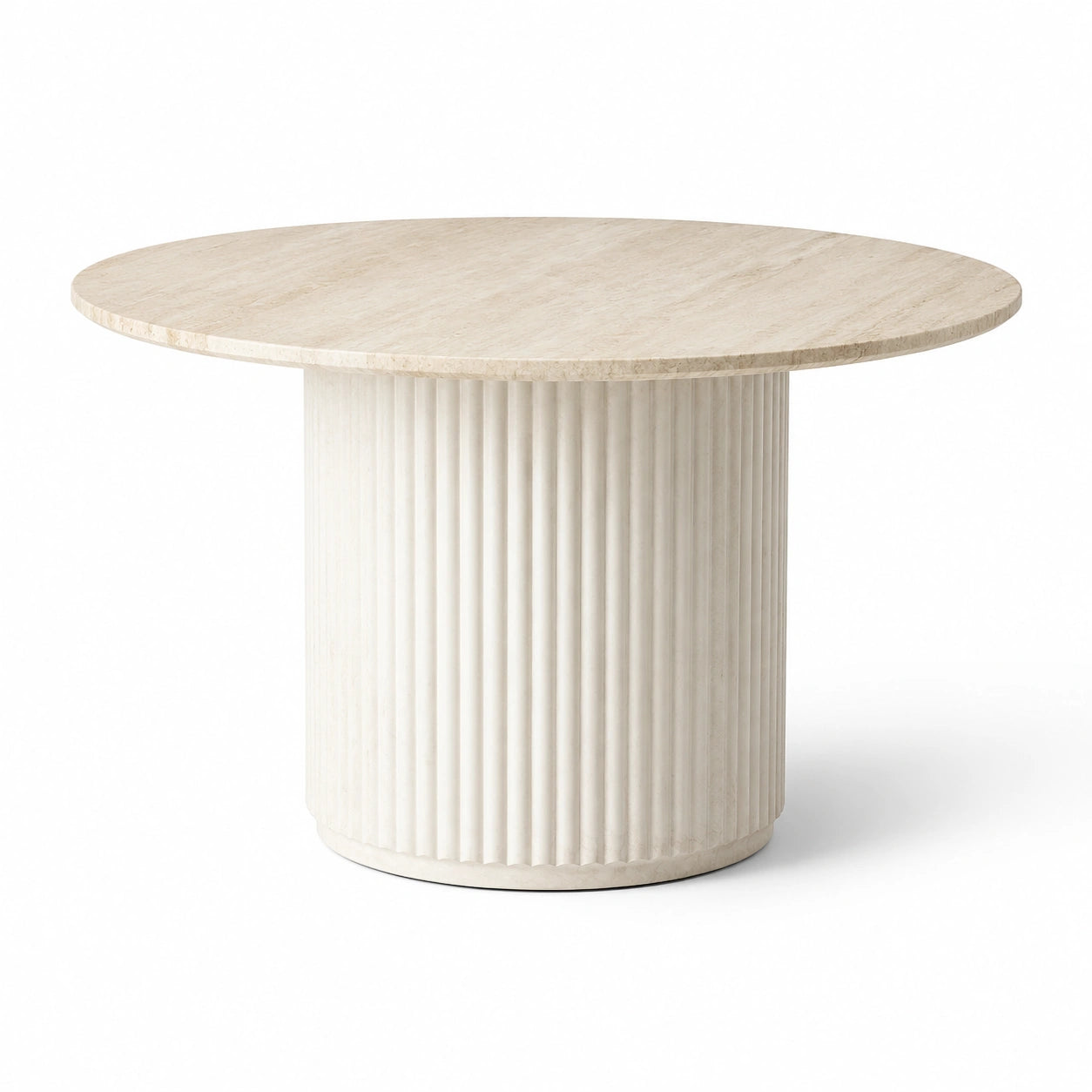 Runder Esstisch aus Travertin in Beige, Ø 120 × H 76 cm, gerillter Säulenfuß