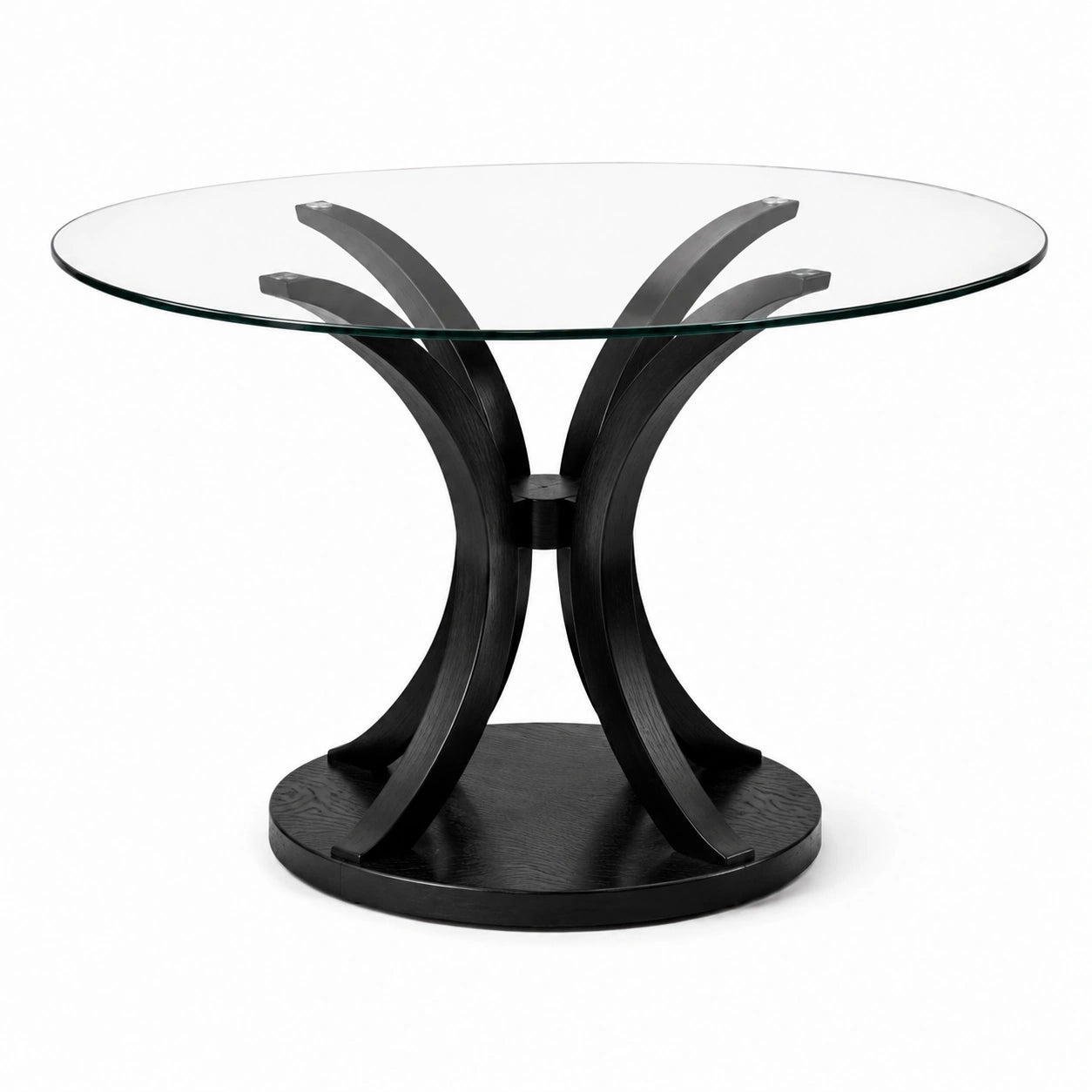 Runder Esstisch mit Klarglasplatte und Bogengestell, Transparent und Schwarz, Ø 120 × 76 cm