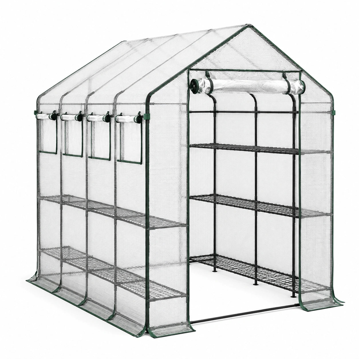 Begehbares Foliengewächshaus mit 6 Regalböden, Grün/Transparent/Schwarz, 143 × 143 × 195 cm
