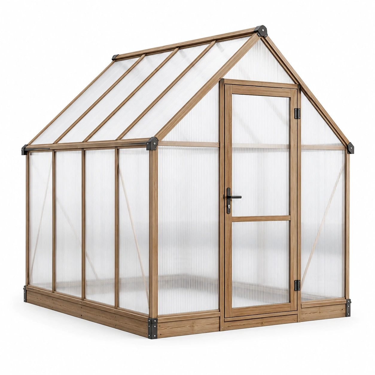 Gewächshaus 190 × 190 × 195 cm, Aluminiumrahmen in brauner Holzoptik, transparente Polycarbonatplatten, Scharniertür