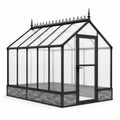 Gewächshaus aus Aluminium und Polycarbonat, 300 × 250 × 250 cm, Schwarz, Transparent und Grau, mit Satteldach und Drehtür