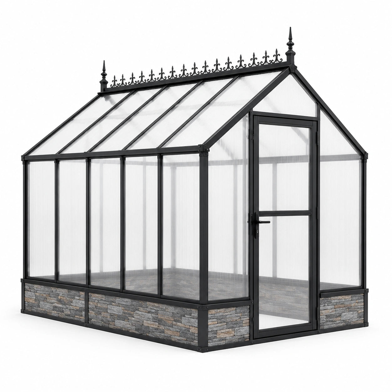 Gewächshaus aus Aluminium und Polycarbonat, 300 × 250 × 250 cm, Schwarz, Transparent und Grau, mit Satteldach und Drehtür
