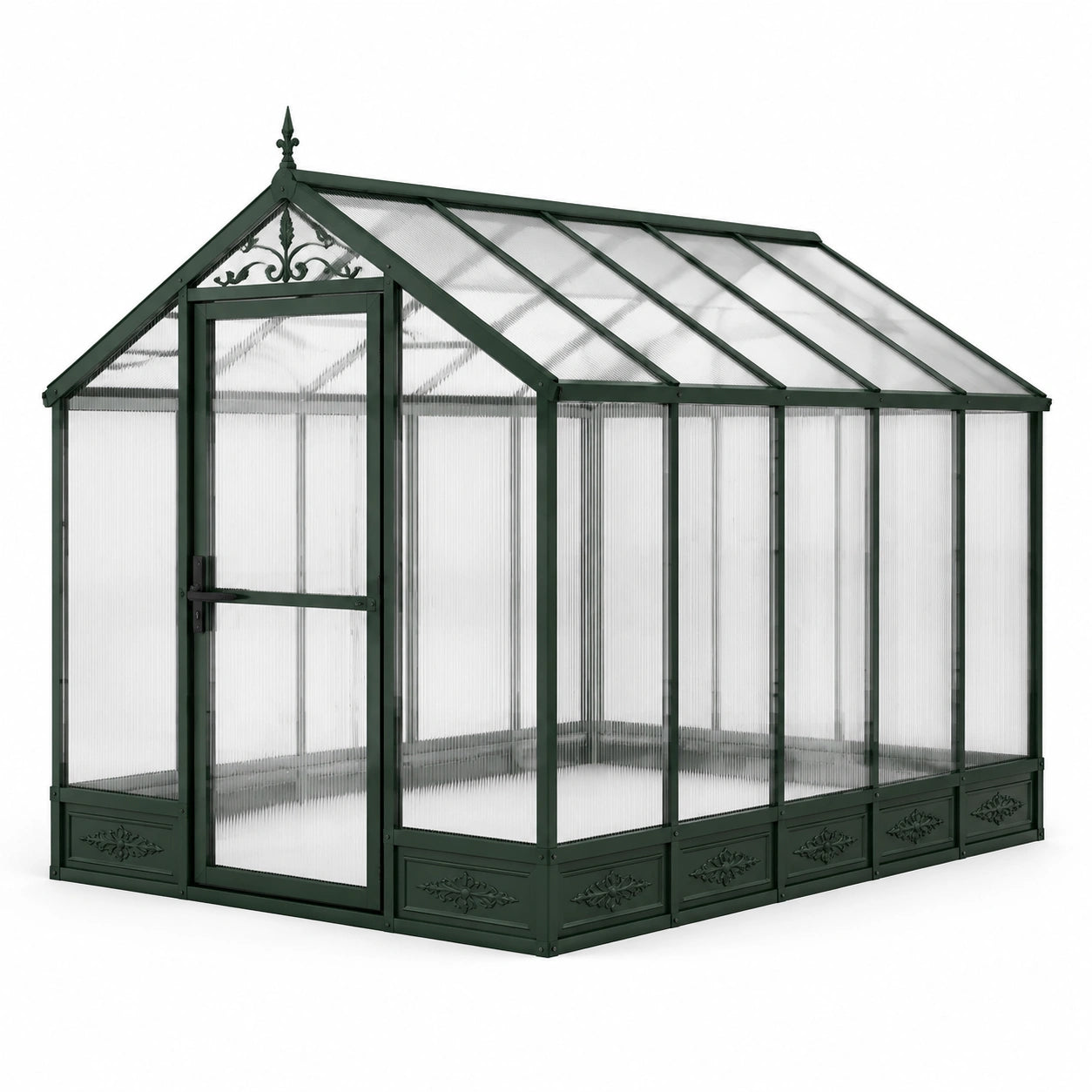 Viktorianisches Gewächshaus aus Aluminium und Polycarbonat, 250 × 190 × 195 cm, Dunkelgrün und Transparent, mit Tür