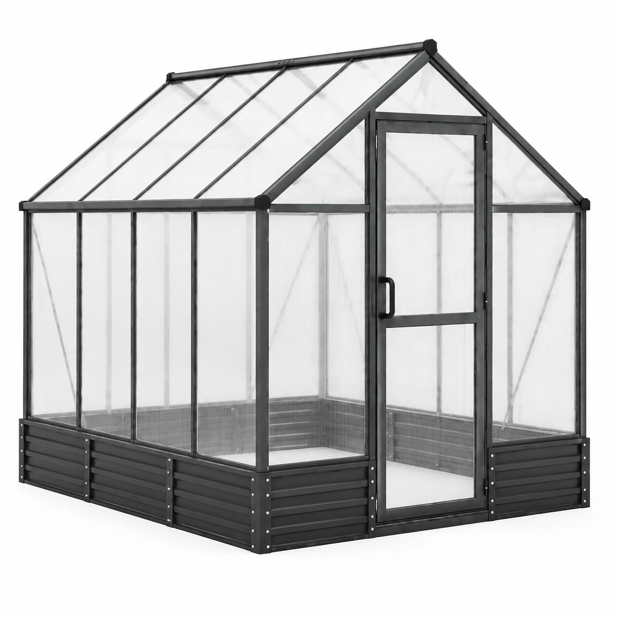 Gewächshaus aus Aluminium und Polycarbonat mit Tür und Dachfenster, 250 × 190 × 195 cm, Schwarz/Transparent