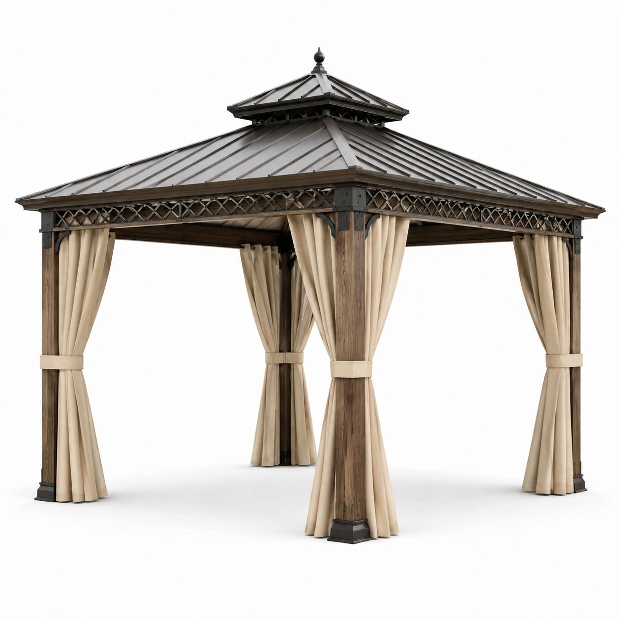 Gartenpavillon 300 × 300 × 290 cm in Braun, Beige und Anthrazit mit festem Metalldach und Vorhängen