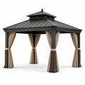 Gartenpavillon mit festem Metalldach und Vorhängen, 300 × 300 × 290 cm, Anthrazit, Braun und Beige