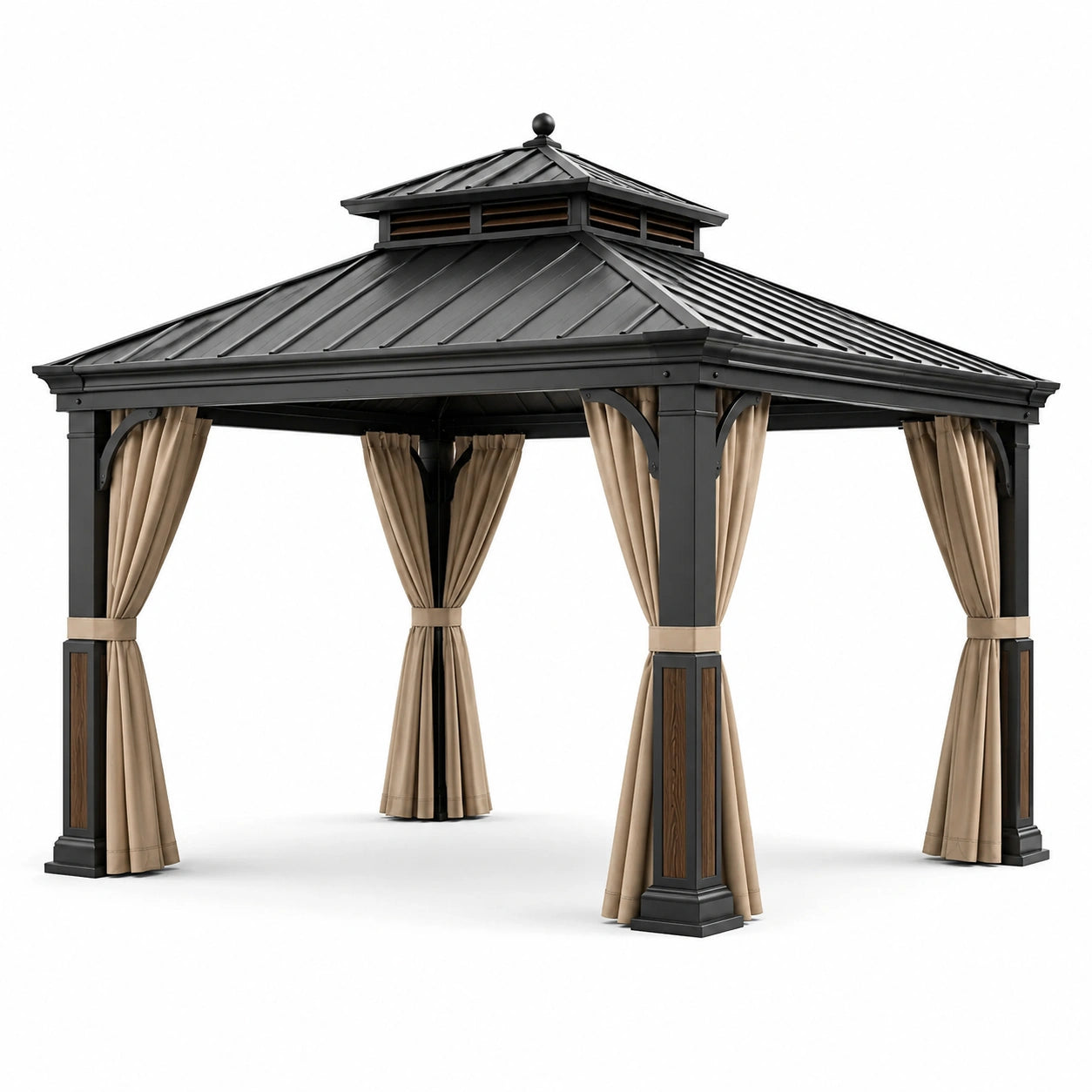 Gartenpavillon mit festem Metalldach und Vorhängen, 300 × 300 × 290 cm, Anthrazit, Braun und Beige