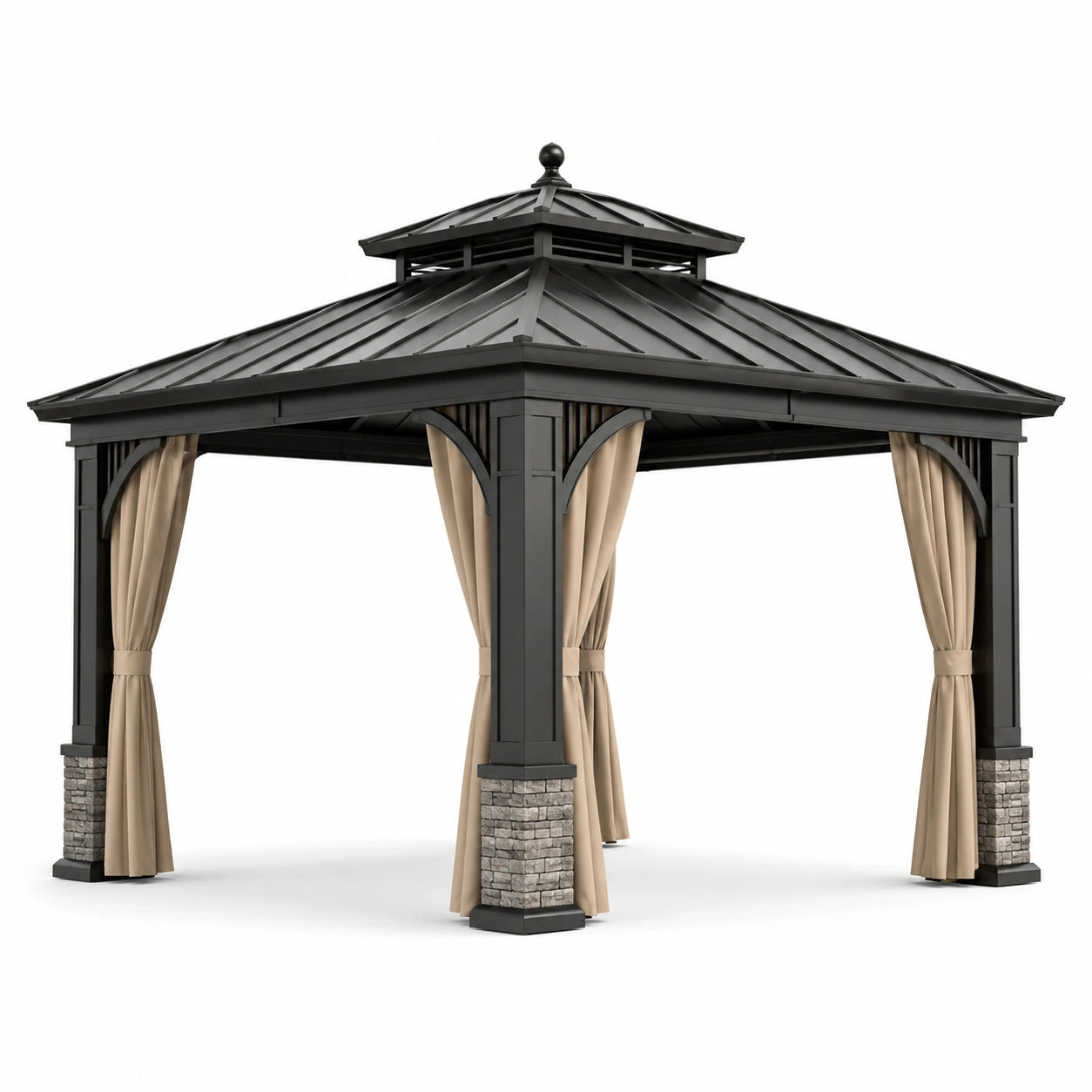 Freistehender Gartenpavillon 365 × 300 × 290 cm in Anthrazit, Beige und Grau mit Doppeldach und Vorhängen