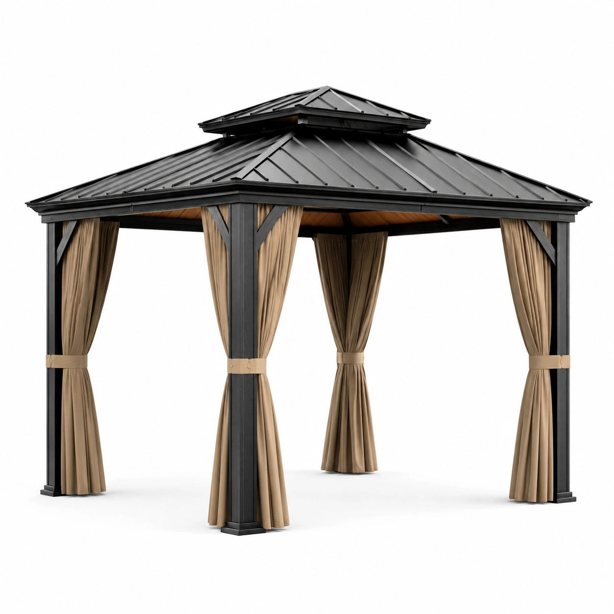 Gartenpavillon mit Metall-Festdach und Vorhängen, 300 × 300 × 280 cm, Anthrazit und Beige