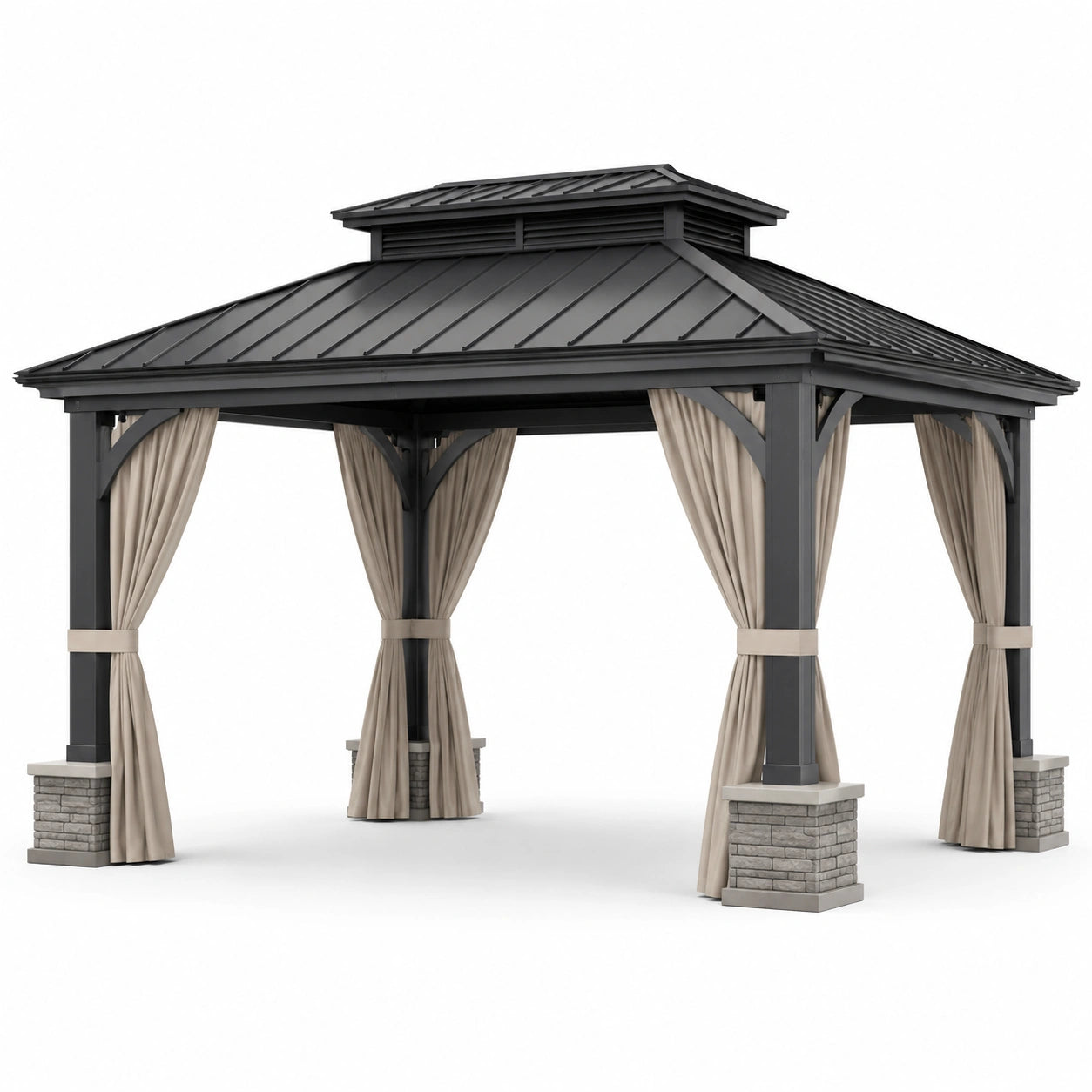 Gartenpavillon mit Metall-Festdach und Vorhängen, 430 × 360 × 310 cm, Anthrazit, Beige und Grau