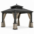Gartenpavillon mit Metall-Hartdach und Vorhängen, 366 × 305 × 310 cm, Anthrazit, Beige und Grau