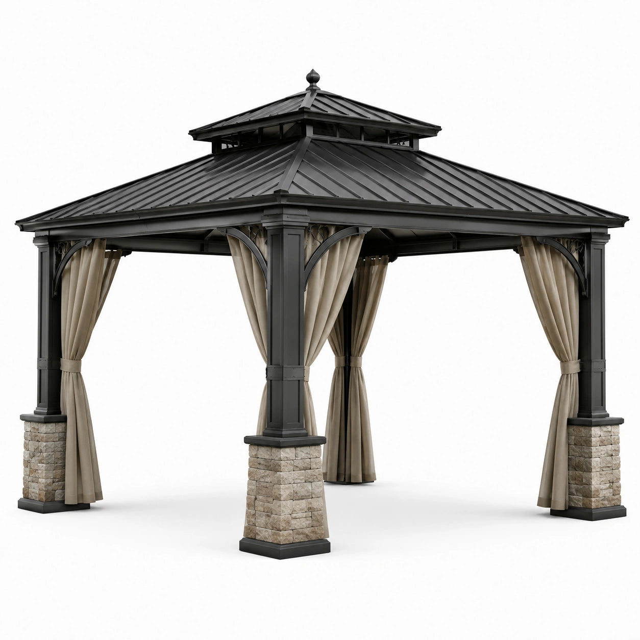 Gartenpavillon mit Metall-Hartdach und Vorhängen, 366 × 305 × 310 cm, Anthrazit, Beige und Grau