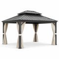 Gartenpavillon 400 × 300 × 280 cm aus Metall in Anthrazit und Beige mit Hardtop-Dach und Vorhängen
