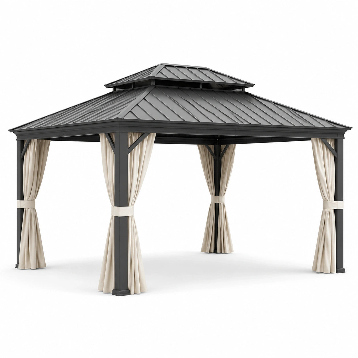 Gartenpavillon 400 × 300 × 280 cm aus Metall in Anthrazit und Beige mit Hardtop-Dach und Vorhängen