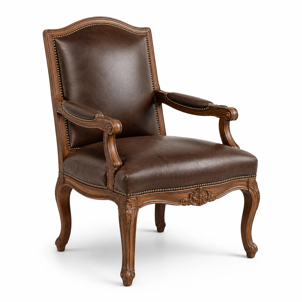 Klassischer Barock-Sessel mit Armlehnen, Holzgestell und dunkelbraunem Kunstleder, 78 × 80 × 105 cm