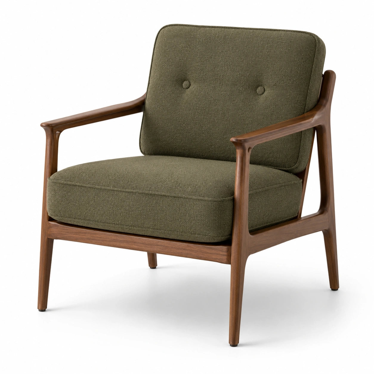 Retro-Polstersessel mit olivgrünem Strukturstoff und braunem Holzgestell, 76 × 80 × 83 cm