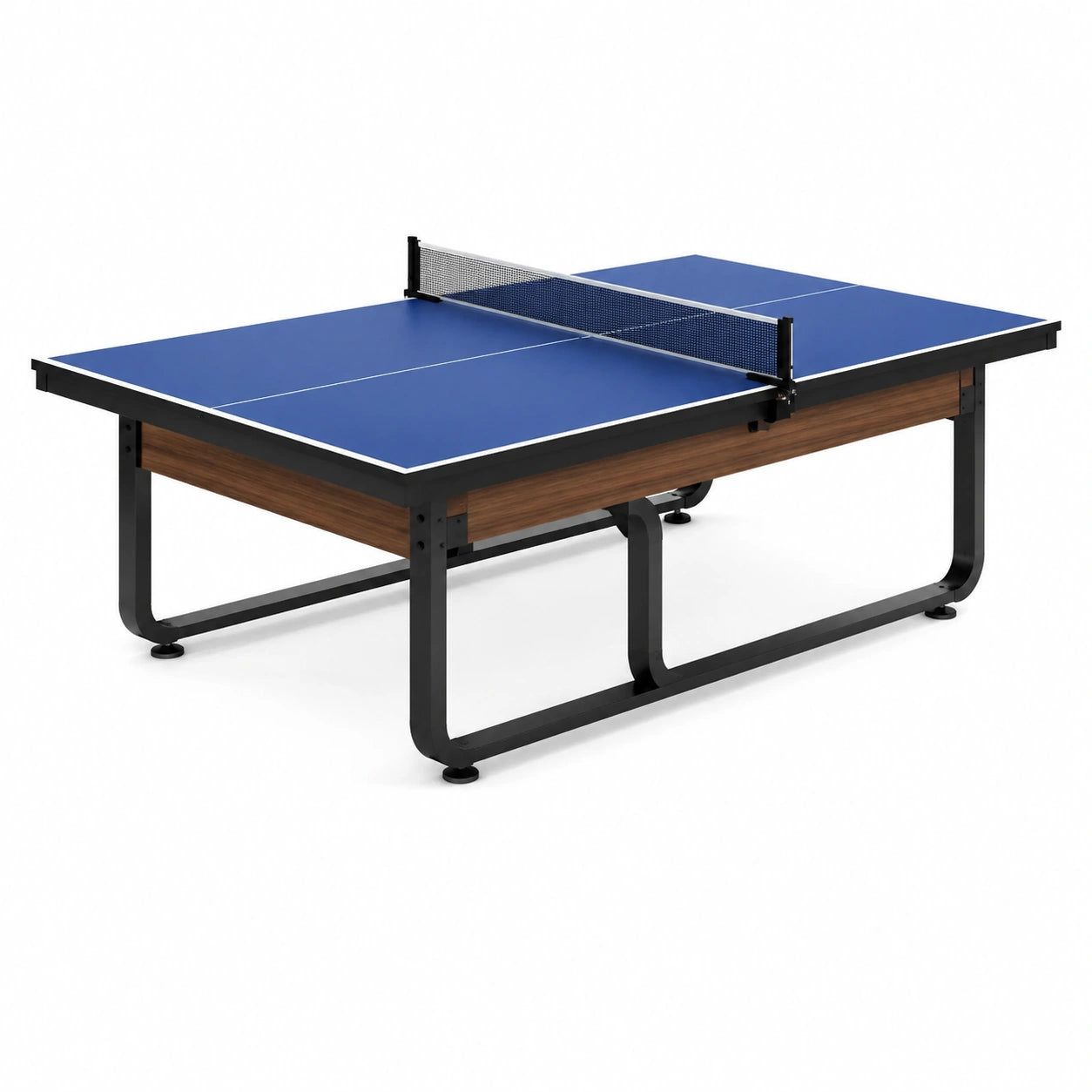Tischtennistisch mit Netz, Holzwerkstoffplatte und Stahlgestell, 274 × 152,5 × 76 cm, Blau/Schwarz/Braun/Weiß
